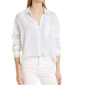 RAILS Women's Charli Awning Stripe Linen Blend Blouse, Moss Strip White/Blue NWT